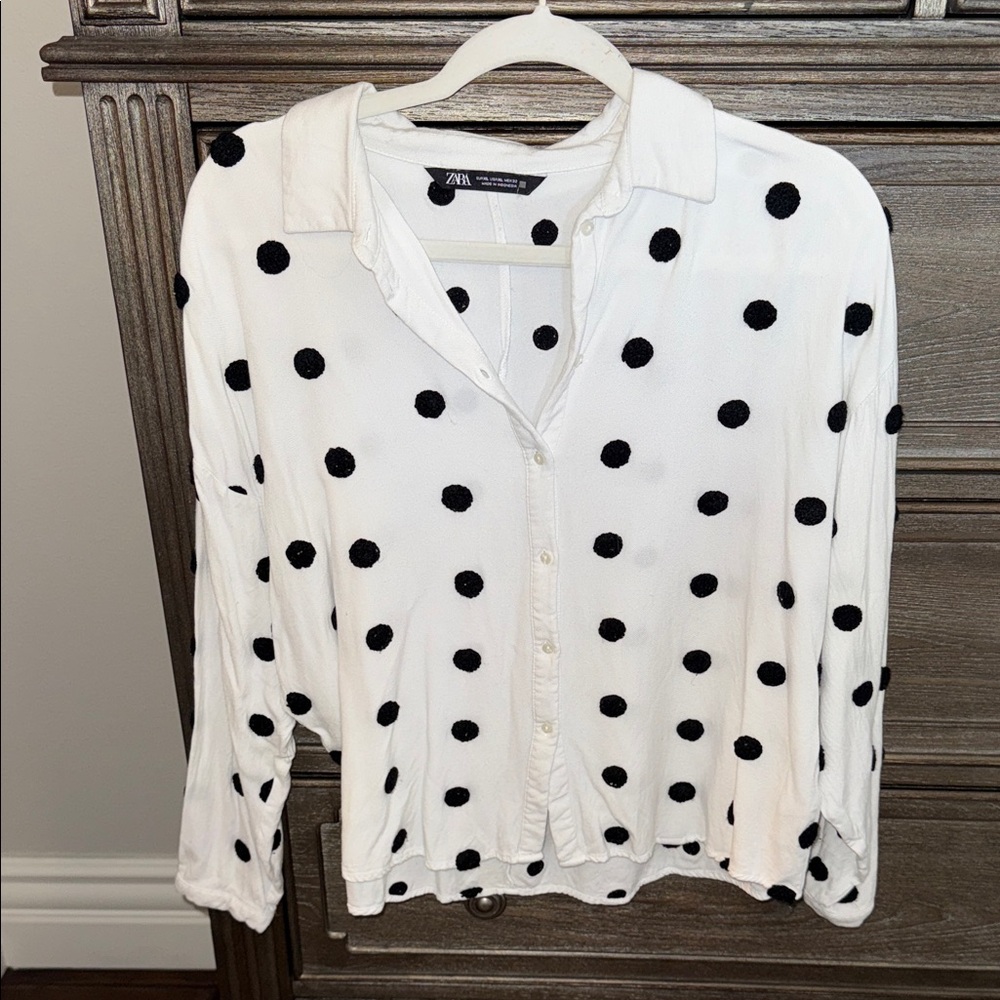Zara Black and White Polka Dot Button Down Shirt